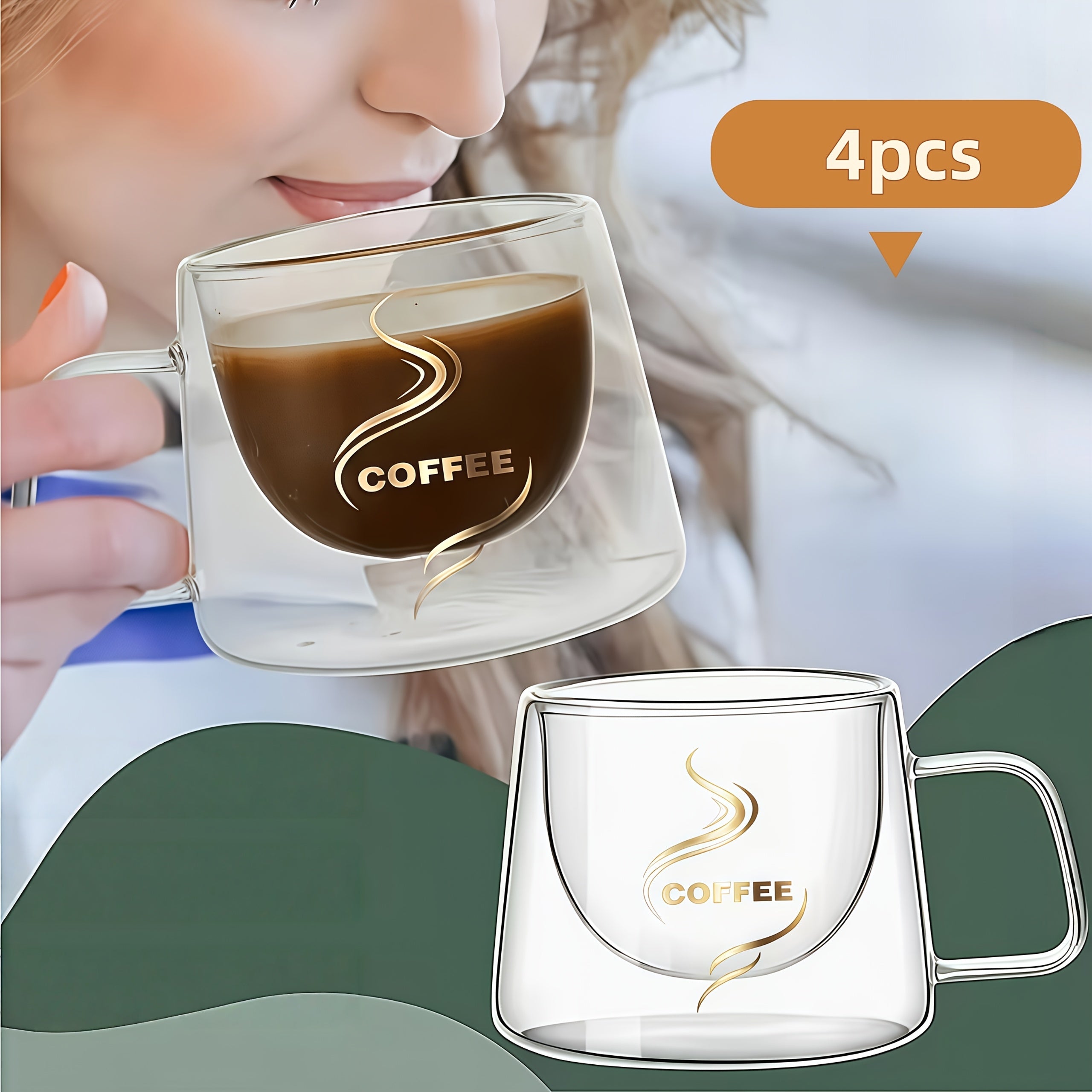 4pcs Double-layer Insulated Glass Coffee Cups with 4 Golden Spoons | Double-layer Transparent Design, Suitable for Hot and Cold Drinks, Ideal for Christmas, Halloween, Home, Office, or Coffee Shop Use
