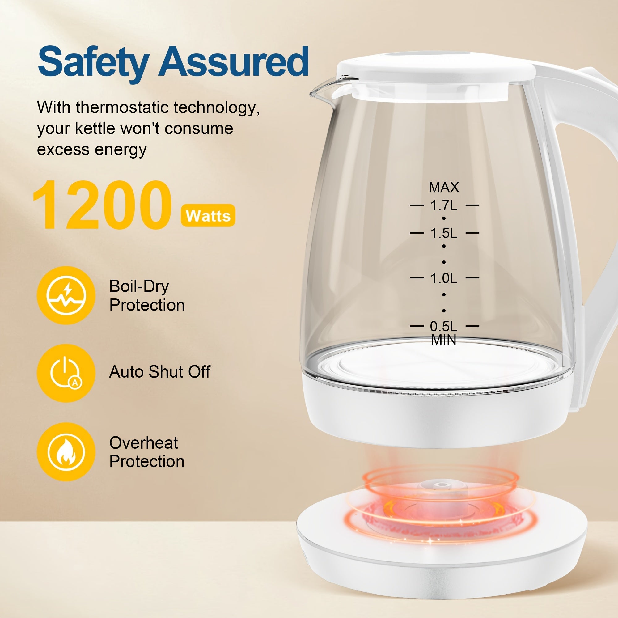 Electric Tea Kettle, Borosilicate Glass, BPA Free, Auto Shut Off, Boil-Dry Protection, 1.7L 1200W, Christmas Gift