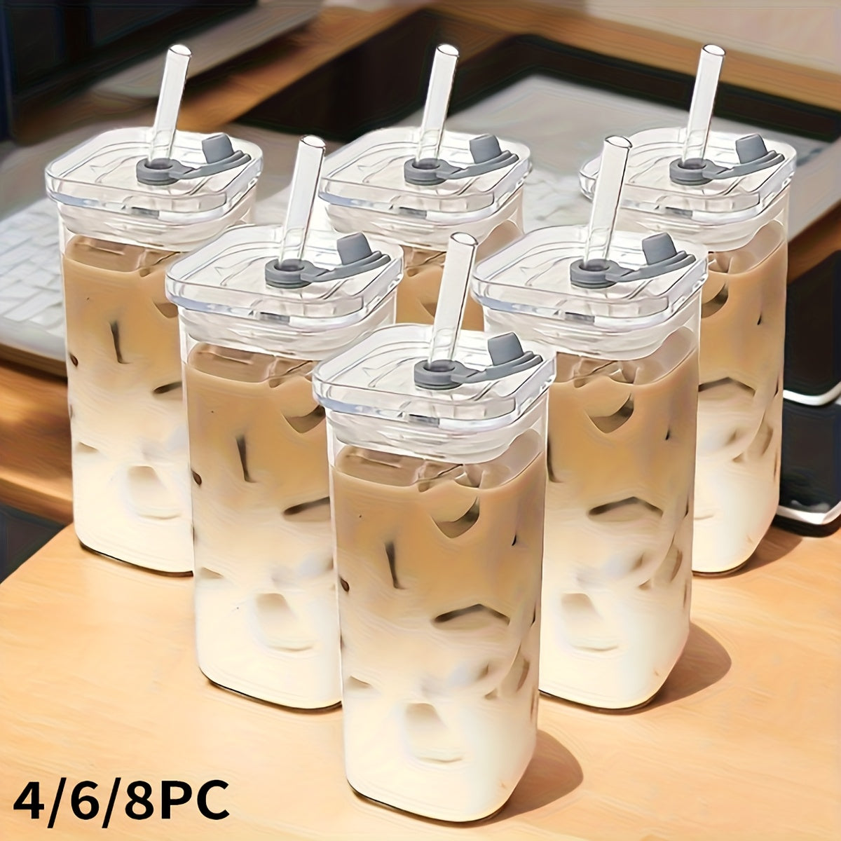 4\u002F6\u002F8pcs Square Glass Cups with Lids, 13oz, Perfect Coffee Cups, Include Straws, Gift for Cup Collectors, Great for Office, Home, School, And Outdoor Use, Weddings, BPA-Free, Comes with Cleaning Brush Tool