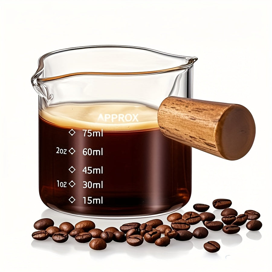 Espresso Cup With Wooden Handle, Double Spout Glass Measuring Cup, Milk Cup Coffee Glass Bottle, Coffee Making Accessories, 100ml\u002F3.3OZ