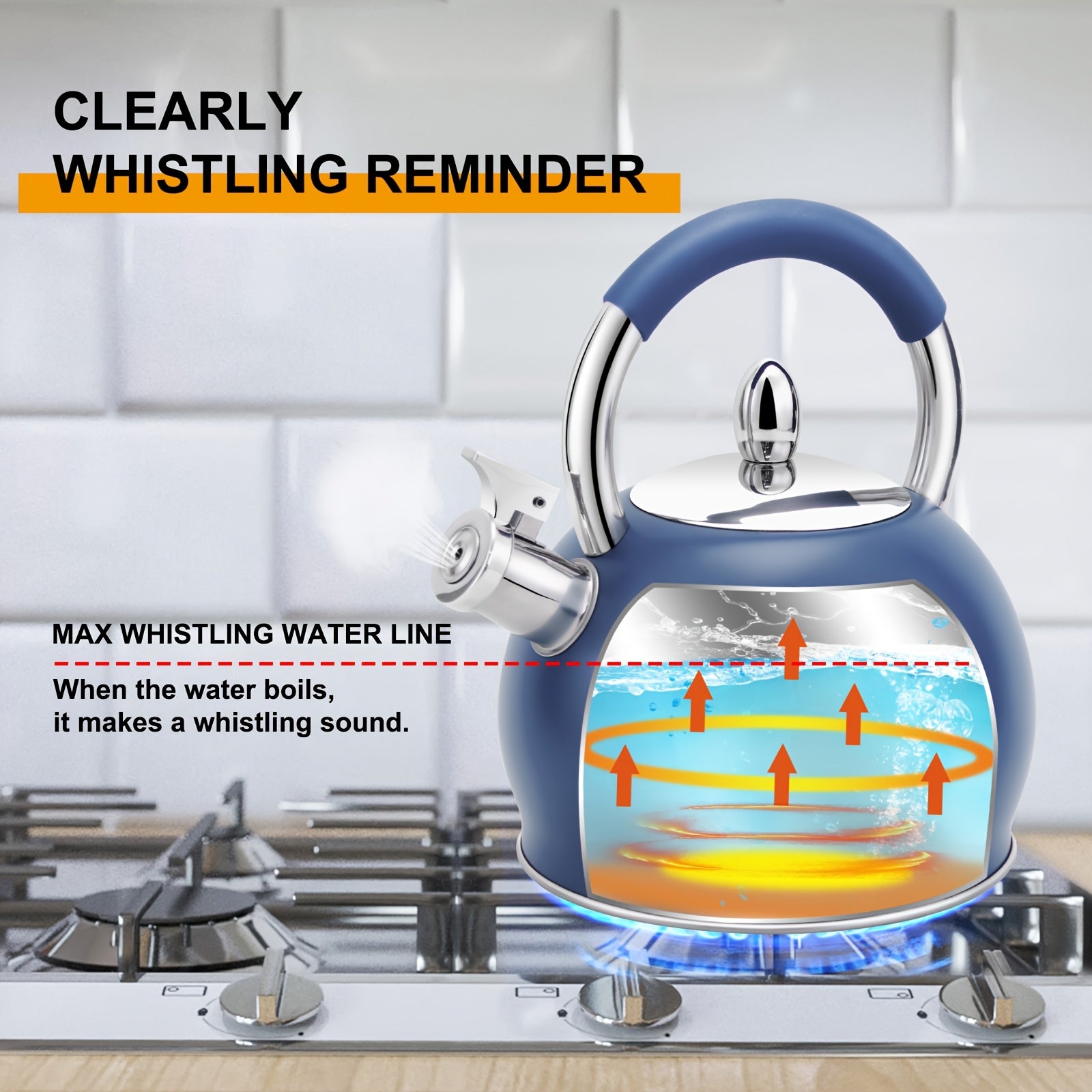 Blue Stainless Steel Tea Kettle for Stovetop with a Whistling Feature And an Ergonomic Silicone Handle, Holding 3.2 Quarts Or 3 Liters