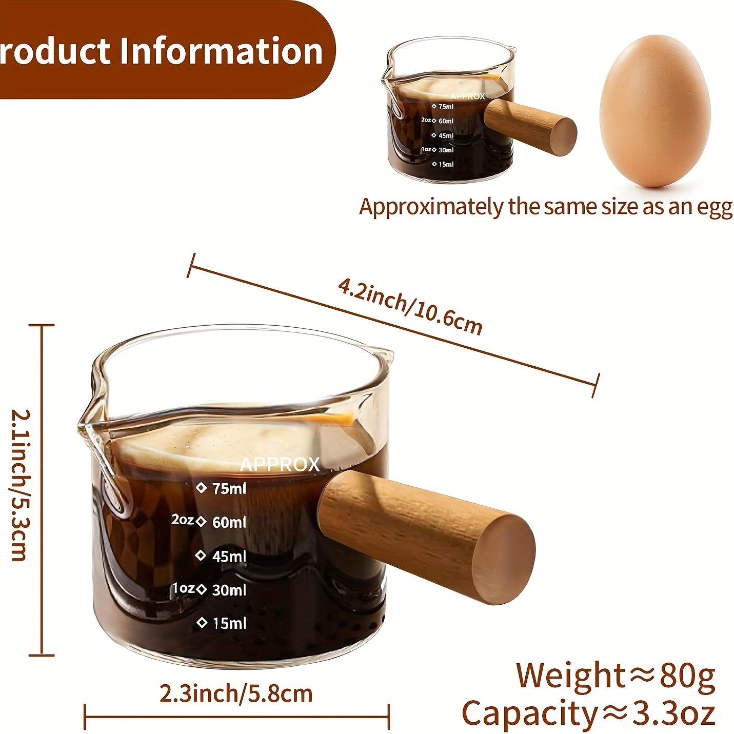 Espresso Cup With Wooden Handle, Double Spout Glass Measuring Cup, Milk Cup Coffee Glass Bottle, Coffee Making Accessories, 100ml\u002F3.3OZ