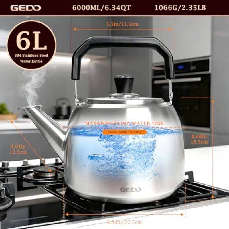 Large Capacity 1.59gal Stainless Steel Kettle with a Whistling Feature, Suitable for Both Gas And Induction Stovetops, Made from 304 Food-Grade Material