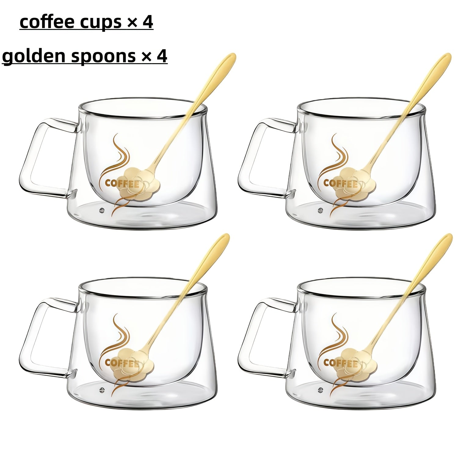 4pcs Double-layer Insulated Glass Coffee Cups with 4 Golden Spoons | Double-layer Transparent Design, Suitable for Hot and Cold Drinks, Ideal for Christmas, Halloween, Home, Office, or Coffee Shop Use