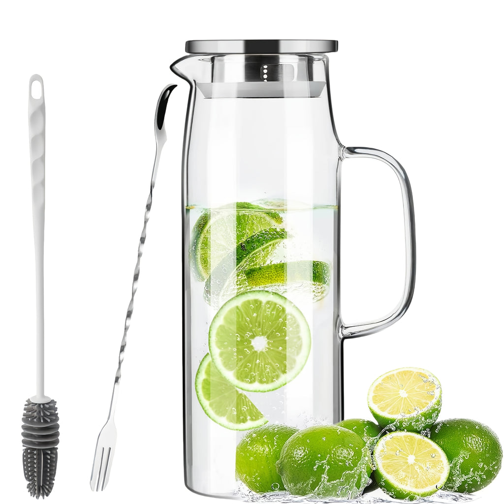1 Set (cold Water Kettle+kettle Brush+spoon), Heat-resistant Silicone Glass, Kitchen Essentials, Party Supplies, Suitable for Refrigerators, Beverage Pots, Large Iced Tea Cans for Iced Coffee, Lemonade, Juice, And Homemade Drinks, 1500ml\u002F51oz