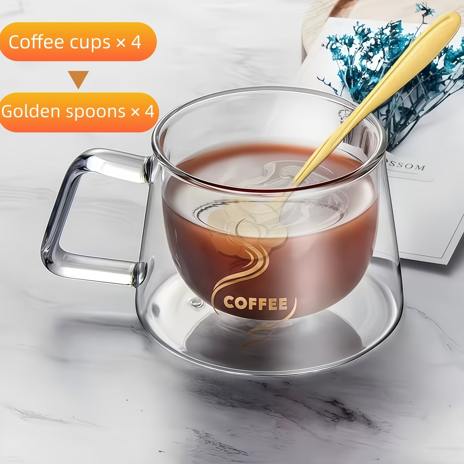 4pcs Double-layer Insulated Glass Coffee Cups with 4 Golden Spoons | Double-layer Transparent Design, Suitable for Hot and Cold Drinks, Ideal for Christmas, Halloween, Home, Office, or Coffee Shop Use
