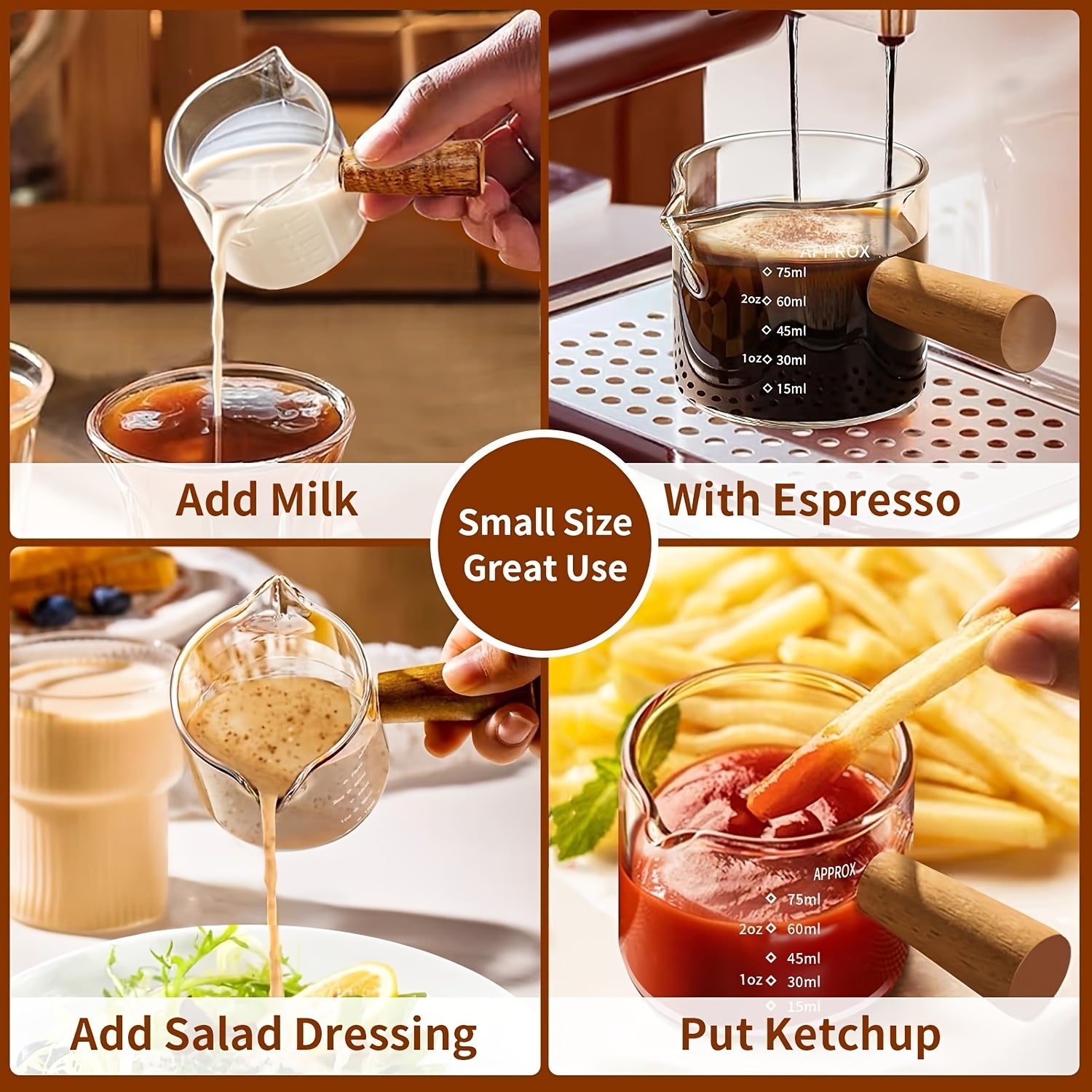 Espresso Cup With Wooden Handle, Double Spout Glass Measuring Cup, Milk Cup Coffee Glass Bottle, Coffee Making Accessories, 100ml\u002F3.3OZ