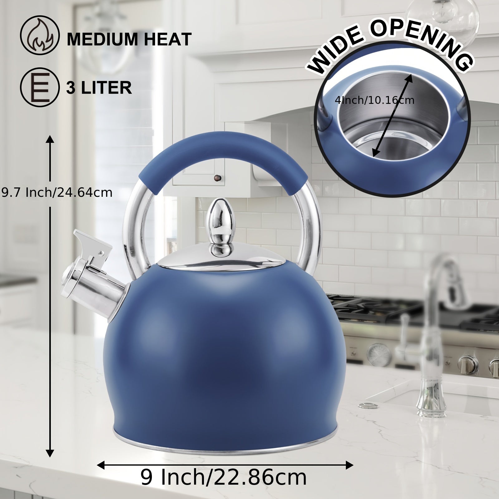 Blue Stainless Steel Tea Kettle for Stovetop with a Whistling Feature And an Ergonomic Silicone Handle, Holding 3.2 Quarts Or 3 Liters
