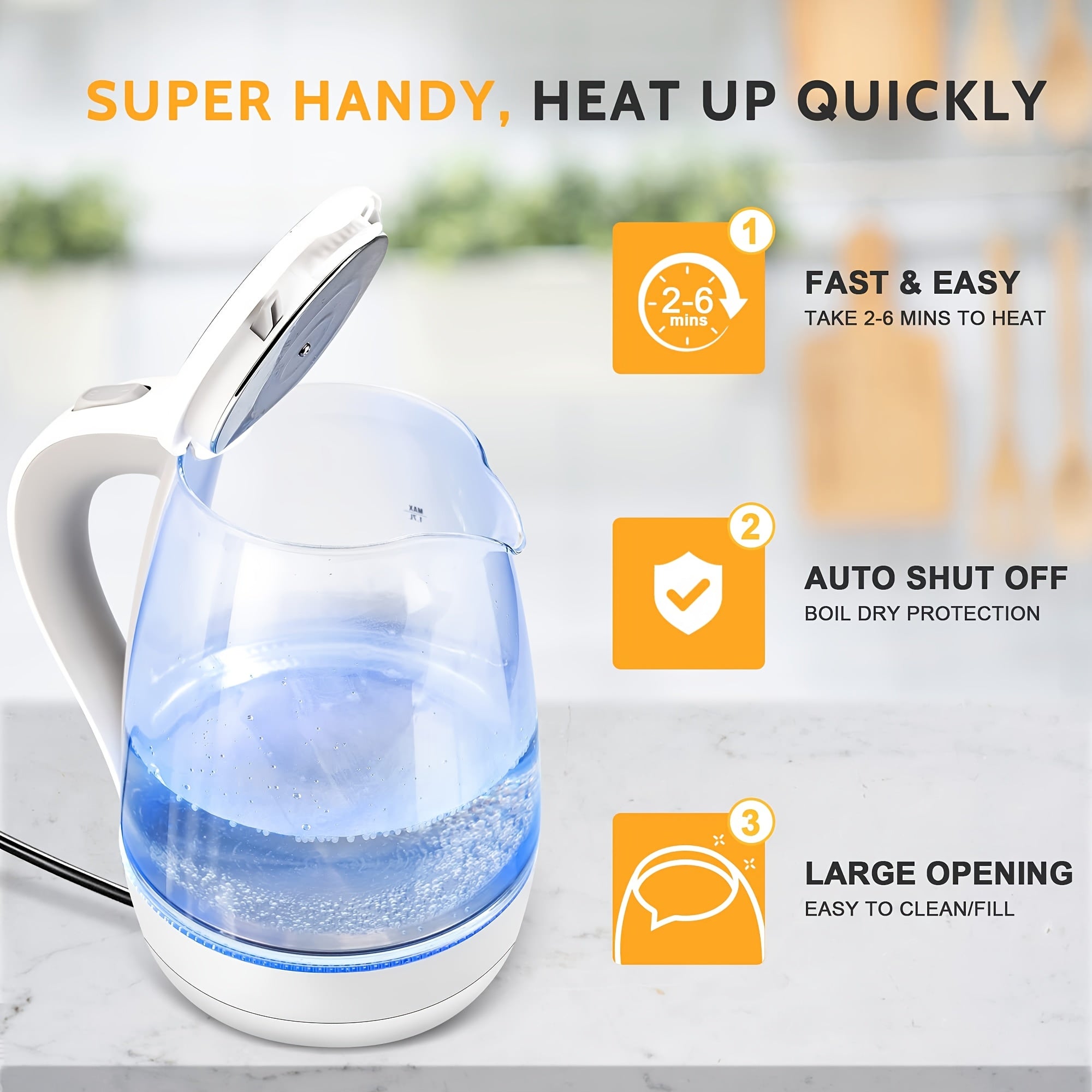 Electric Tea Kettle, Borosilicate Glass, BPA Free, Auto Shut Off, Boil-Dry Protection, 1.7L 1200W, Christmas Gift