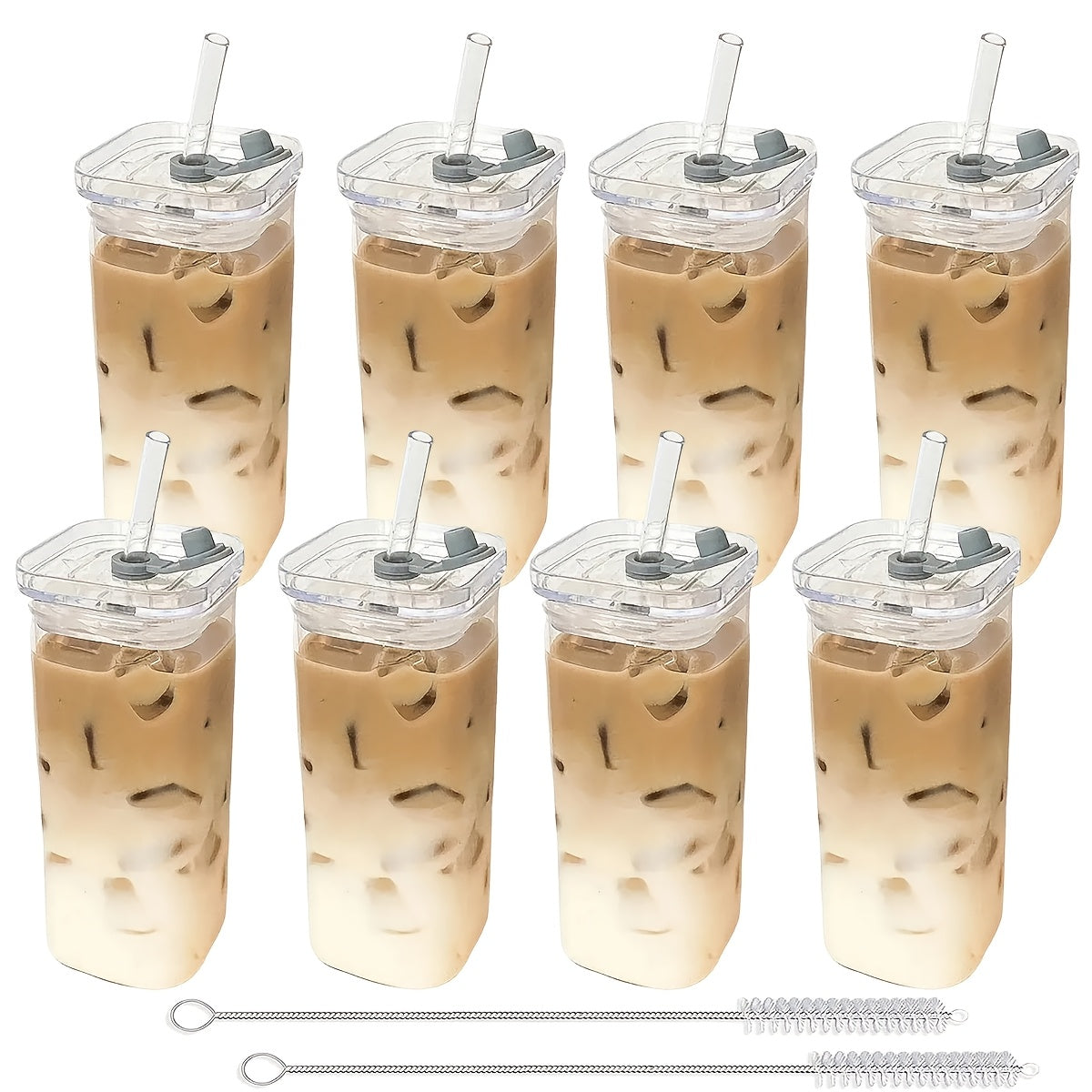 4\u002F6\u002F8pcs Square Glass Cups with Lids, 13oz, Perfect Coffee Cups, Include Straws, Gift for Cup Collectors, Great for Office, Home, School, And Outdoor Use, Weddings, BPA-Free, Comes with Cleaning Brush Tool