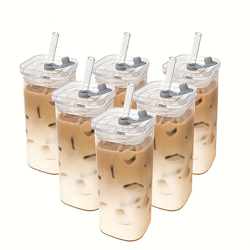 4\u002F6\u002F8pcs Square Glass Cups with Lids, 13oz, Perfect Coffee Cups, Include Straws, Gift for Cup Collectors, Great for Office, Home, School, And Outdoor Use, Weddings, BPA-Free, Comes with Cleaning Brush Tool