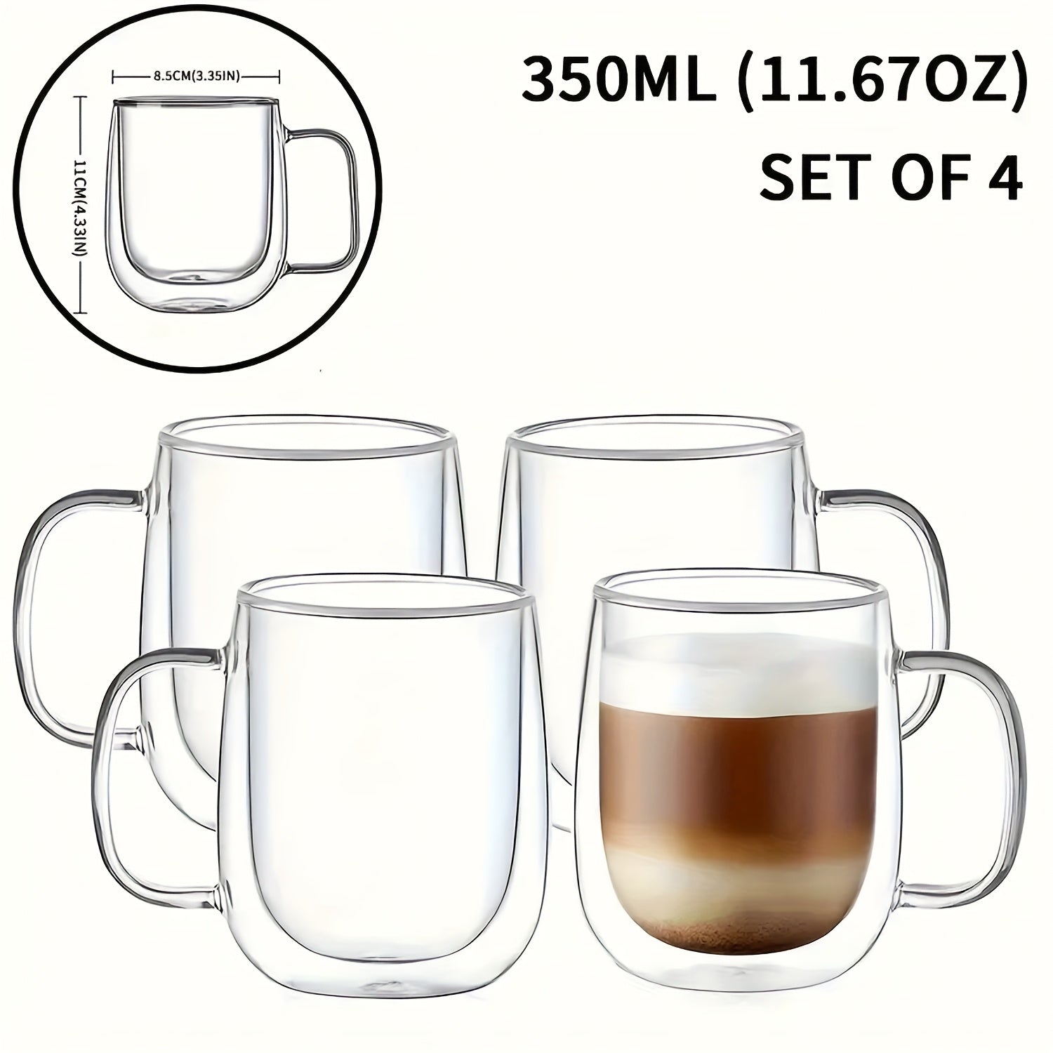 4pcs Double-Layer Glass Coffee Cup, Insulated, with Handle, Transparent Glass Mug, Coffee Cup, Used for Latte Cappuccino, Tea Bag, Hot And Cold Drinks, Suitable for Home, Office, Business Club, 350Ml\u002F12Oz
