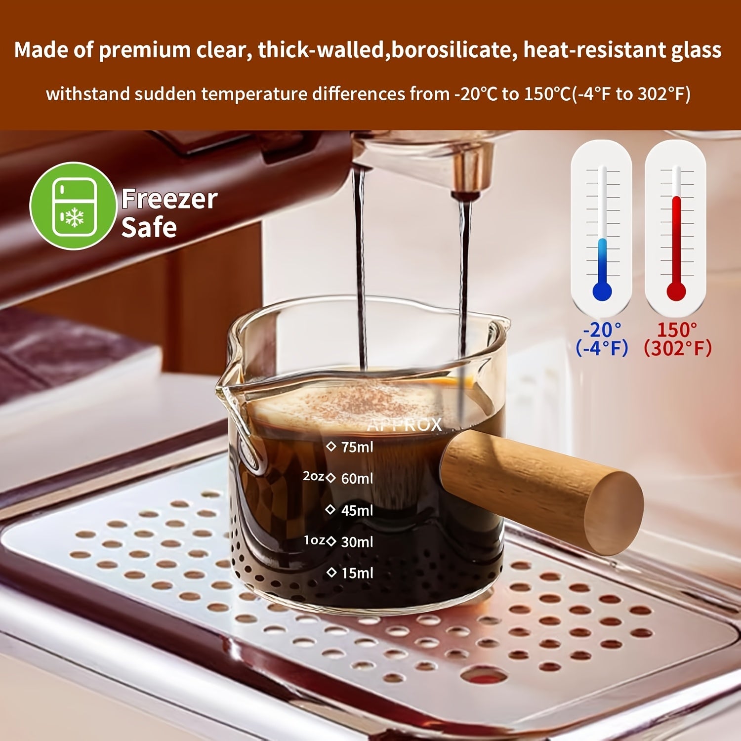 Espresso Cup With Wooden Handle, Double Spout Glass Measuring Cup, Milk Cup Coffee Glass Bottle, Coffee Making Accessories, 100ml\u002F3.3OZ