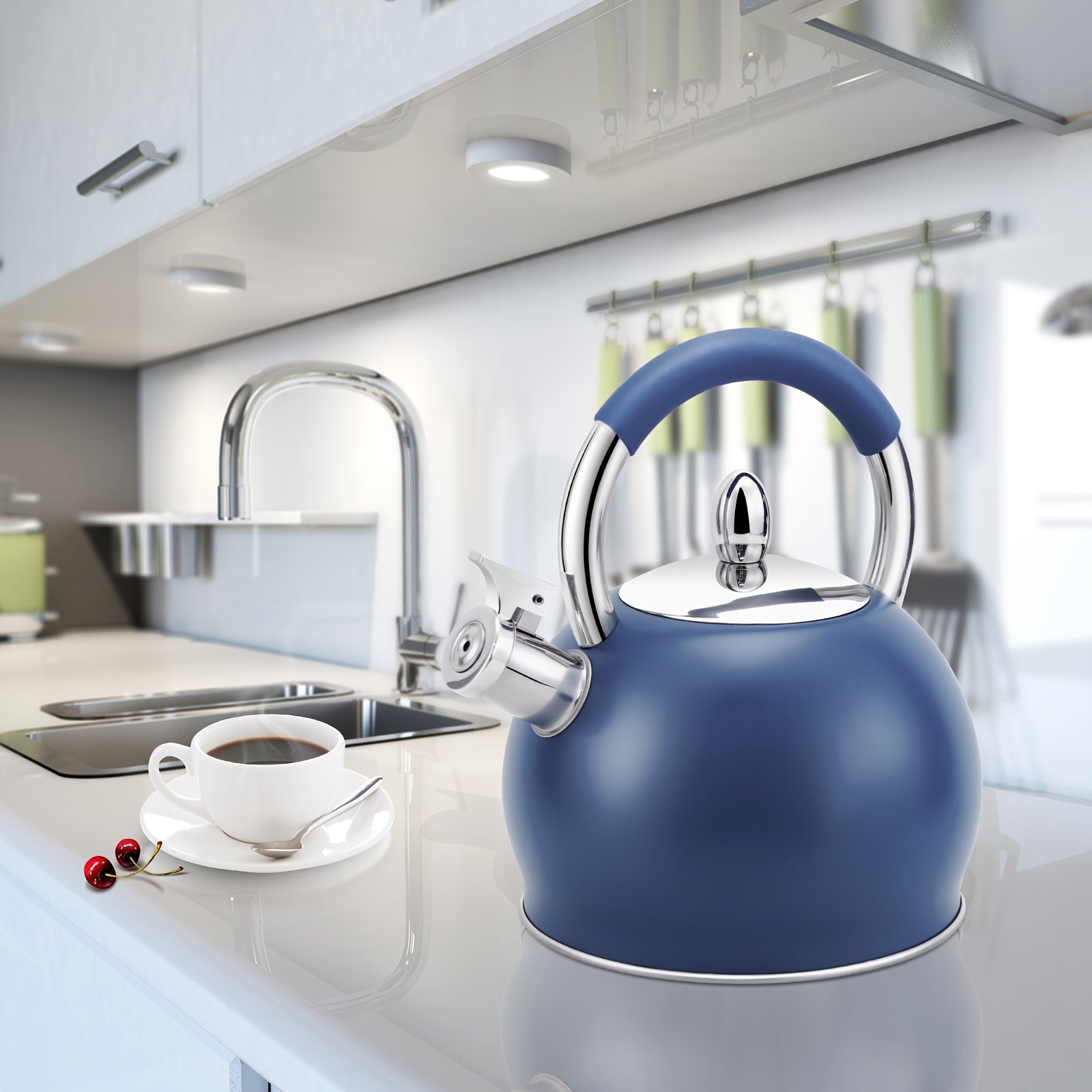 Blue Stainless Steel Tea Kettle for Stovetop with a Whistling Feature And an Ergonomic Silicone Handle, Holding 3.2 Quarts Or 3 Liters